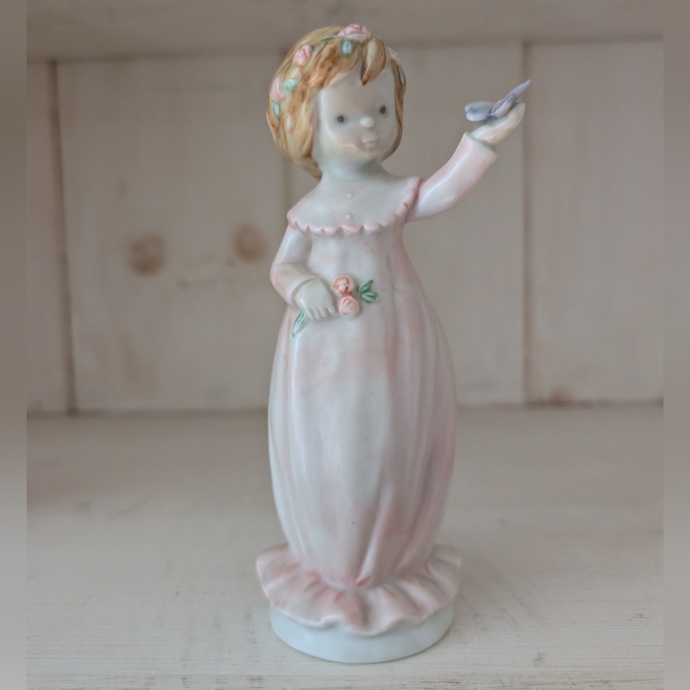 Enesco Kinka August Girl Figurine Pink/Butterfly Japan 1989 Vintage